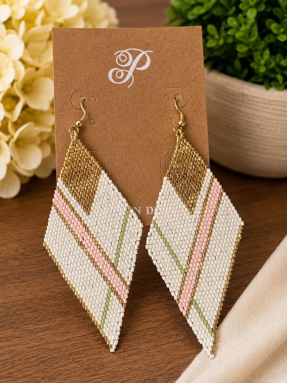 Blush & Gold Geometric Beaded Statement Earrings